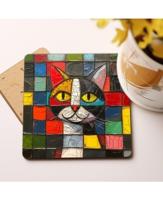 Zestaw 6 drewnianych podkładek pod kubek z nadrukiem kotów a'la Picasso