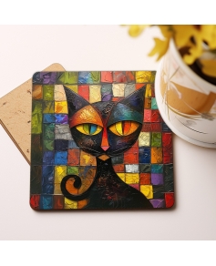 Zestaw 6 drewnianych podkładek pod kubek z nadrukiem kotów a'la Picasso