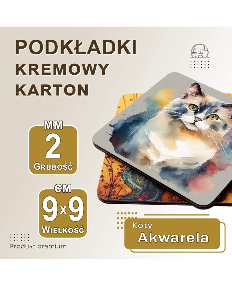 6 podkładek 9x9cm pod kubek z kotami akwarela