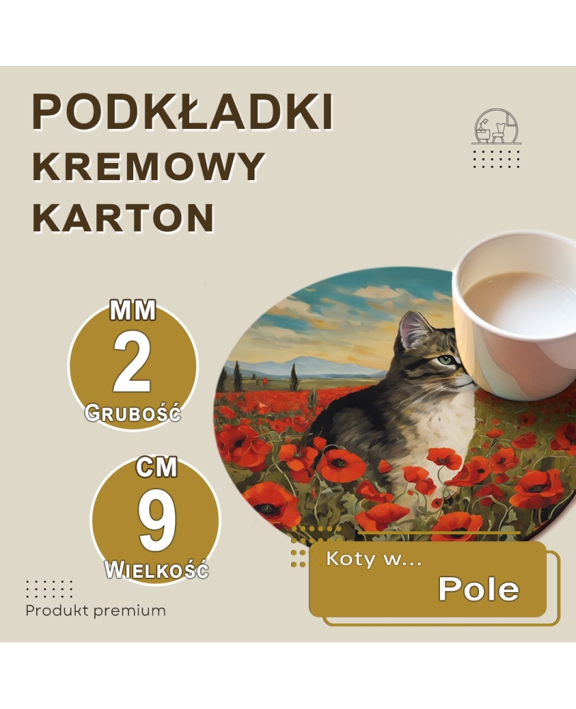 6 podkładek 9cm pod kubek z kotami w polu